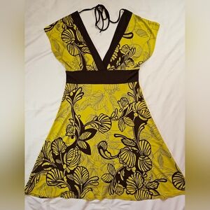 Poema Juniors Bright Green & Brown Tie In Back Deep V-neck Tunic Top Size Large